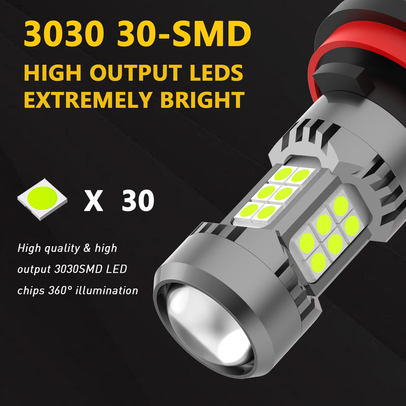 PHINLION H8 H11 LED Fog Light Bulb or DRL, 3200 Lumens Super Bright Ice Blue, Non-polarity 3030 30 SMD Chips 12V H16 H11LL H8LL Fog Lamps Replacement for Cars