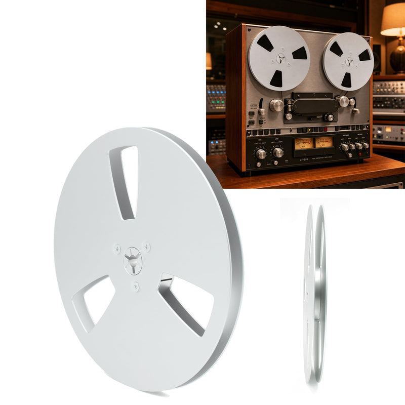 7 Inch Empty Tape Reel, 1/4 Inch Aluminum Takeup Reel, Silver | Precision-machined aluminum alloy reel with 3-hole design for tape storage, transfer and restoration