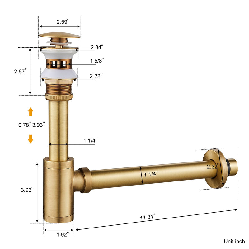 Solid Brass Adjustable 1-1/4 Bottle Trap with Overflow Drain Stopper Set, Bathroom Sink P-Trap Complete Set Sink Drain Kit Tube, Antique