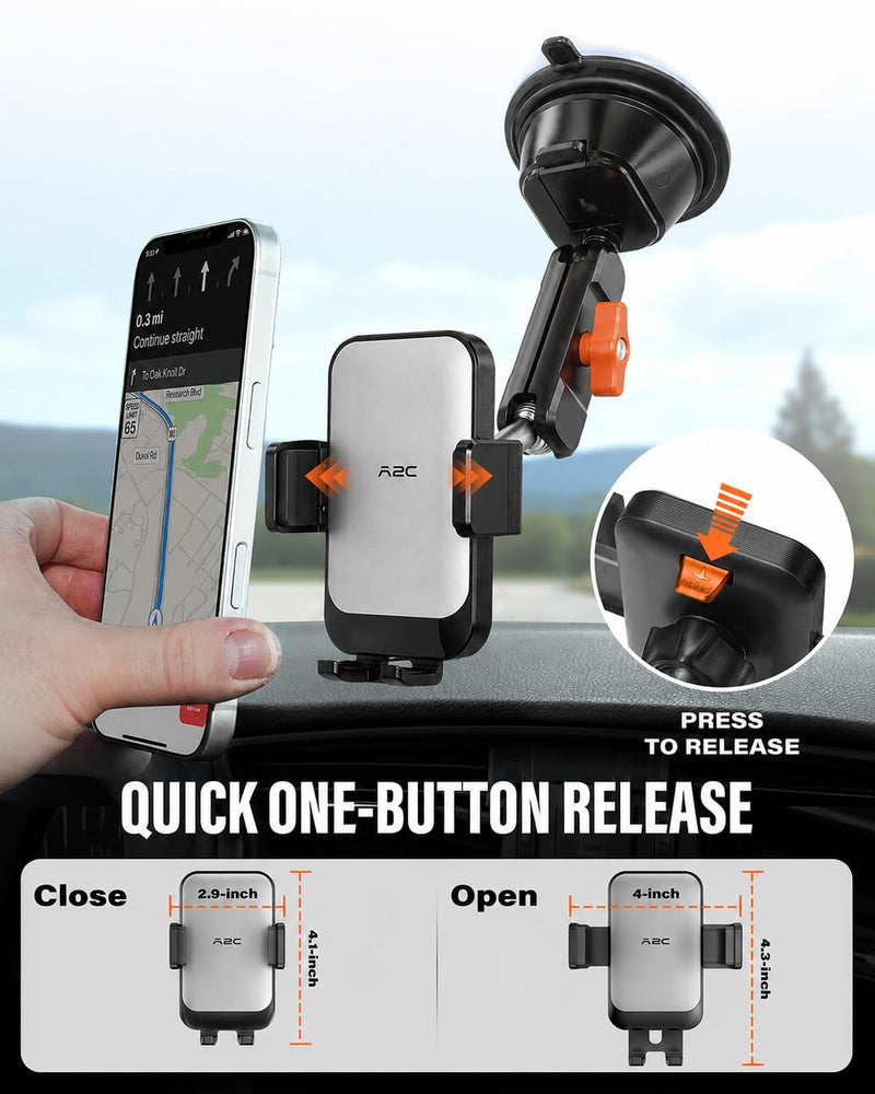 A2C 12" Anti-Shake Metal Arm Windshield Phone Mount, Suction Phone Mount | Heavy-Duty Vacuum Dual Suction Cup, One-Hand Release, 360° Rotation, for iPhone & Most Smartphones, Fits Car, Truck & Pickup Extended