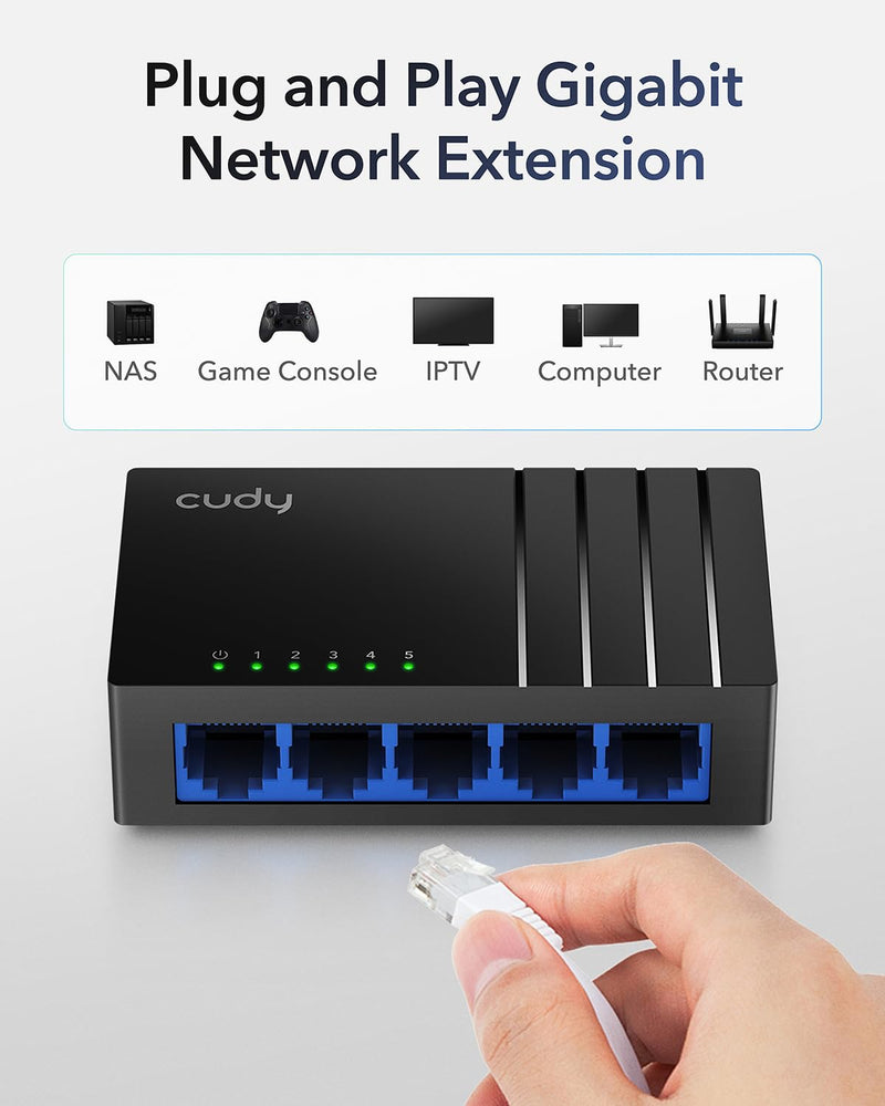 Cudy GS105D 5 Port Gigabit Ethernet Switch Desktop Ethernet Splitter Plastic Case Unshielded Switch Plug & Play Fanless Unmanaged