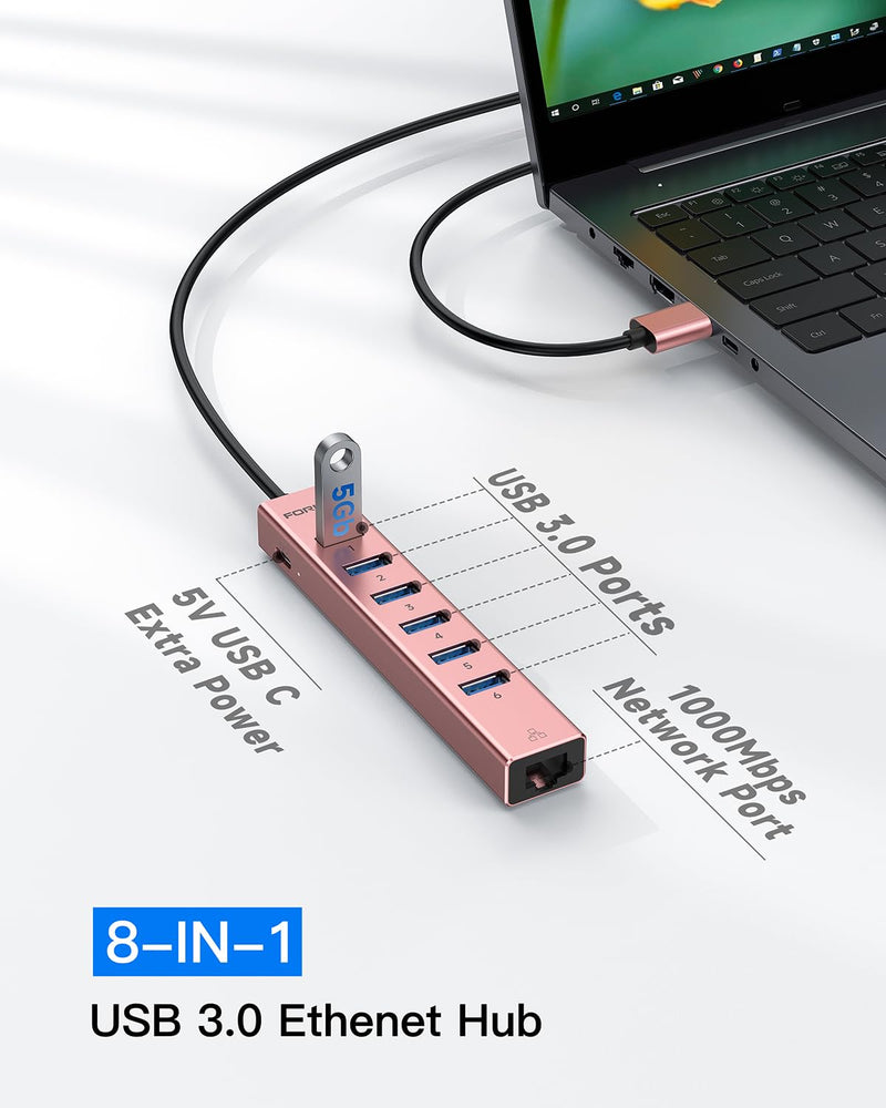 Aluminum USB 3.0 Adapter USB to Ethernet HUB with 120CM Long Cable for Laptop USB Extender with Gigabit Ethernet Port and 5V/3A Power Port 7 Ports USB Hub for iMac PC Flash Drives (Rose Gold) Rose Gold