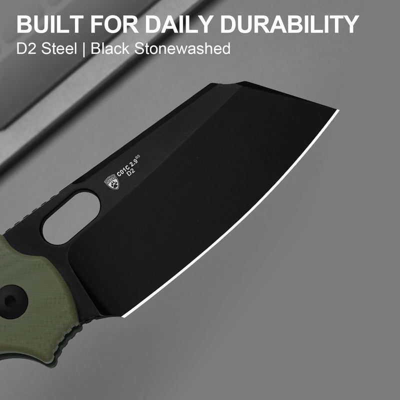 Kizer C01C 2.9 BS Sheepdog Pocket Knife, 2.95" D2 Blade Folding Knife with Olive Green G10 Handle, Button Liner Lock & Thumb Hole, Small EDC Knives for Camping Hiking Survival, V3488.29BSM1