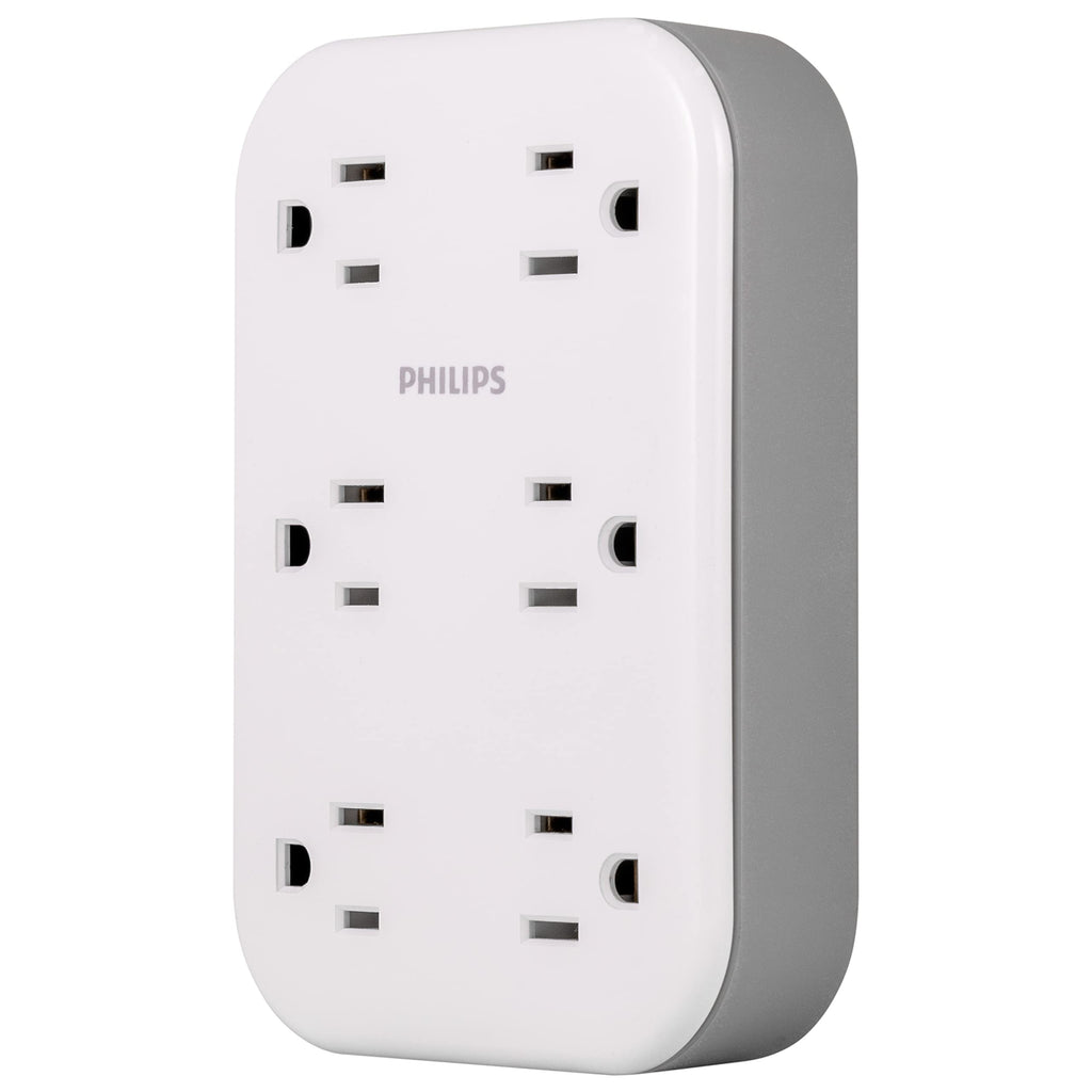 Philips EZFit 6-Outlet Surge Protector Outlet Extender, Wall Tap, Grounded Widely Spaced Outlets, 900 Joules, for Home Office Dorm Essentials, White, SPP6602W/37 6 Outlet