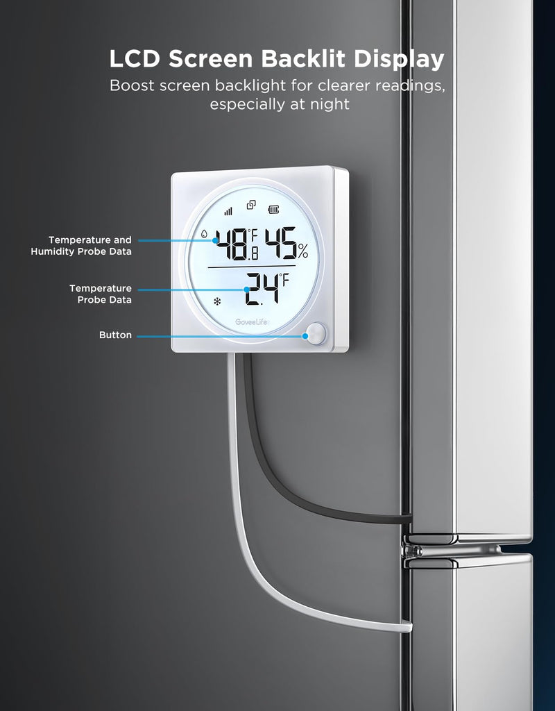 GoveeLife WiFi Refrigerator Thermometer Hygrometer Pro with 2 in 1 Alarm, Monitor Sensor for Freezer, Wireless Digital Freezer Temperature Humidity with App Alert, LCD Display(Gateway Not Included) 1 senor