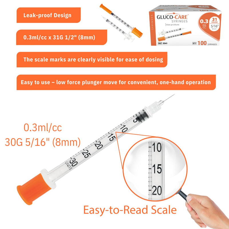GLUCO-CARE 0.3 ml/cc Syringes 31G x 5/16’’ (8mm), Orange Cap, Box of 100 pcs 0.3ml 31G 5/16"