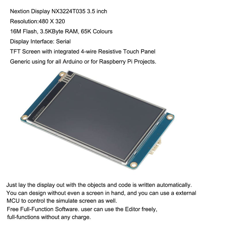 3.5'' Nextion NX4832T035 HMI Display Module with UART, 480x320 Resolution, 16MB Flash, 2KB RAM, Touch Screen LCD