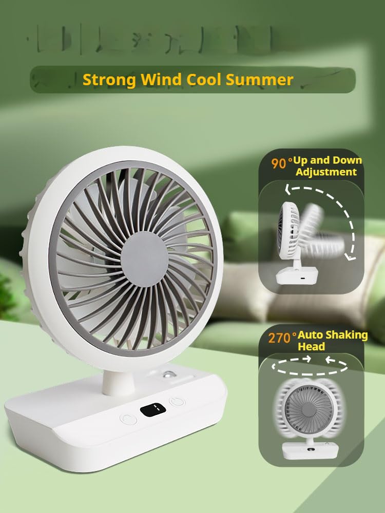 Desk Fan, 5.5" 4000mAh Rechargeable USB Portable Fan with Night Light, 90° Auto Oscillating Fan with Digital Display and Hanging Hook, 4 Speeds Strong Wind, 14Hours for Home Office Kitchen Camping