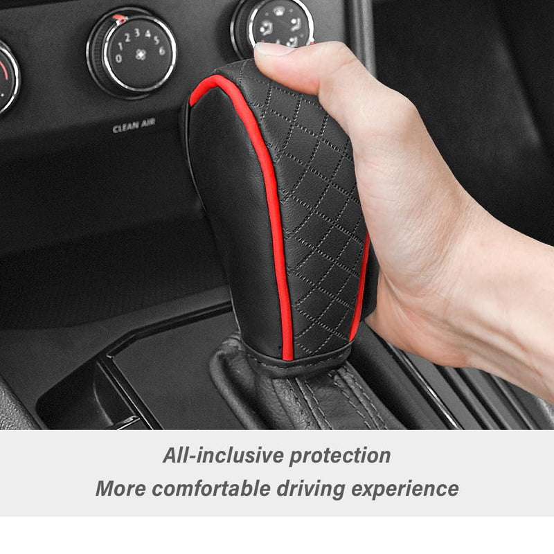 Leather Gear Shift Cover Diamond Embroidery Design,Durable Shift Knob Cover for Shift Lever Protection,Universal Car Gear Shift Cover Car Decorative Accessory Suitable for Cars,Trucks,SUVs (Black/Red) Black/Red
