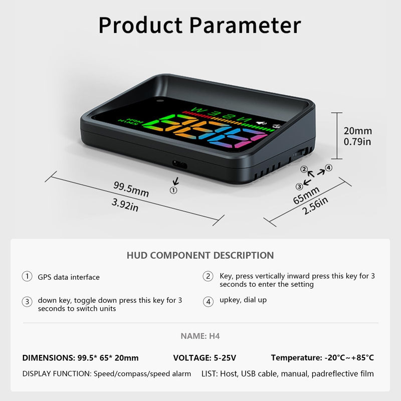 Heads Up Display for Cars, Car HUD H4, GPS Speedometer, First Colorful, Large Font Digital Speedometer GPS with Speed, Compass, Automatic Sensing, Speeding Alarm, Suitable for All Cars.