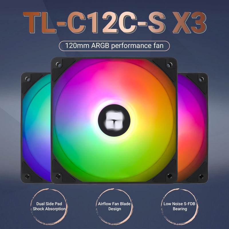 Thermalright-TR TL-C12C-S CPU Fan 120mm ARGB Case Cooler Fan, 4pin PWM Silent Computer Fan wth S-FDB Bearing Included, up to 1550RPM Cooling Fan（3 Quantities）