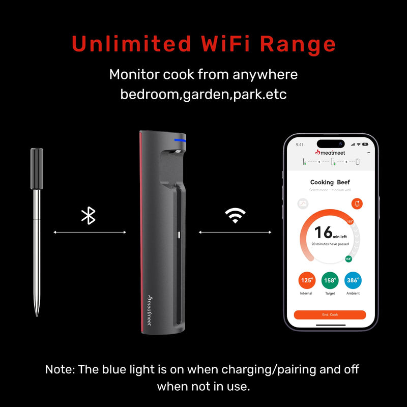  [AUSTRALIA] - Pro Smart WiFi Wireless Meat Thermometer, Unlimited Range, Improved Stability, Ultra-Thin Probe, Bluetooth Digital Food Thermometer for Remote Monitoring of Oven/Kitchen/BBQ/Grill/Rotisserie Black