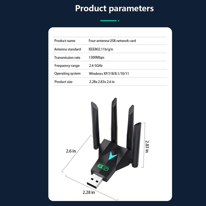 AC1300 USB WiFi adapter, suitable for PC desktop 2.4G/5G dual band 1300M wireless network adapter, WiFi dongle, supporting Windows 11/10/8.1/8/7/XP/Mac