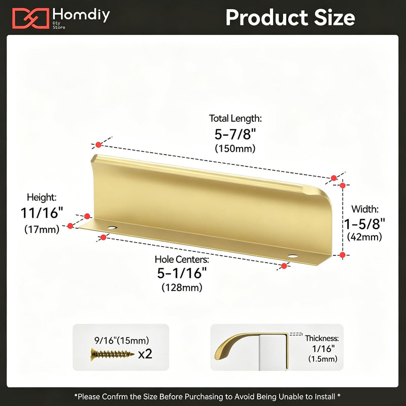 homdiy 10 Pack 5 inch Gold Cabinet Pulls Edge Finger Pulls for Cabinets Dresser Drawer Handles for Kitchen Cupboard Flat Hidden Handles Aluminum Alloy 5" Hole Center Matte Gold