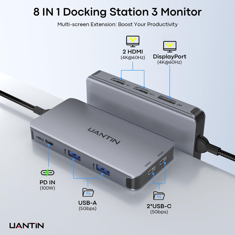 UANTIN Laptop Docking Station 3 Monitors, 8-in-1 USB C Dock with 2 HDMI, DP | USB C Docking Station Dual Monitor with 4K@60Hz HDMI, DisplayPort, USB A & USBC Data, 100W PD, USBC Adapter for Dell,HP