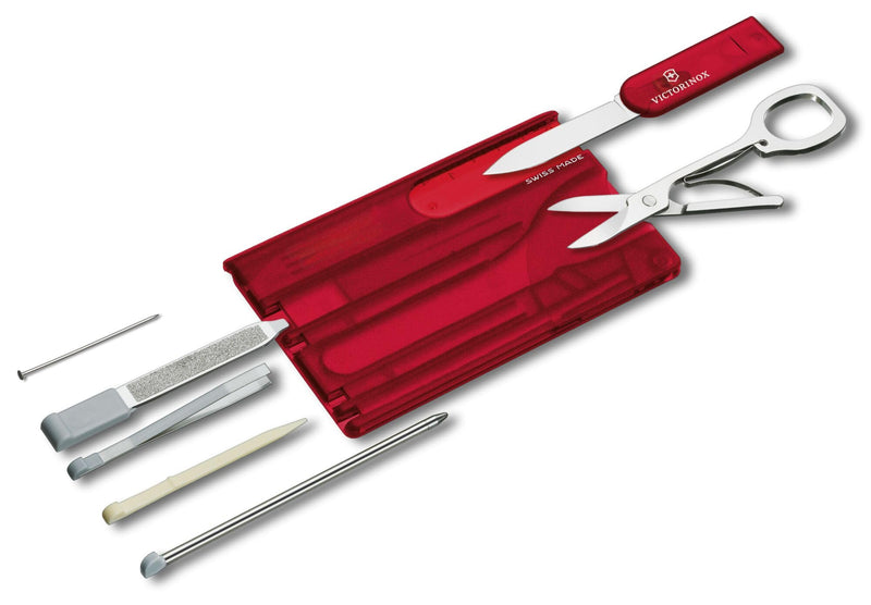 Victorinox Swiss Card Classic Swiss Army Knife, 10 Functions, Swiss Made Pocket Knife with Scissors and Pressurized Ballpoint Pen - Ruby | Multitool for wallet | multitool for purses | toolkit card