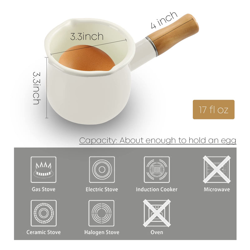 0.6qt Mini Enamel Milk Pot Insulated Wooden Handle 2 Pour Spouts Small Food Warmer Cute Saucepan(D015,White) White
