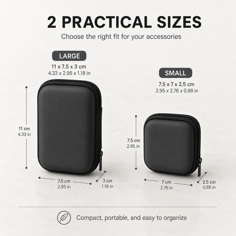 2Pcs EVA Zippered Organizer Pouches, Lightweight Hard Shell Cable Storage Case with Mesh Pocket for Earphones, Chargers, Travel and Desk,Black Black