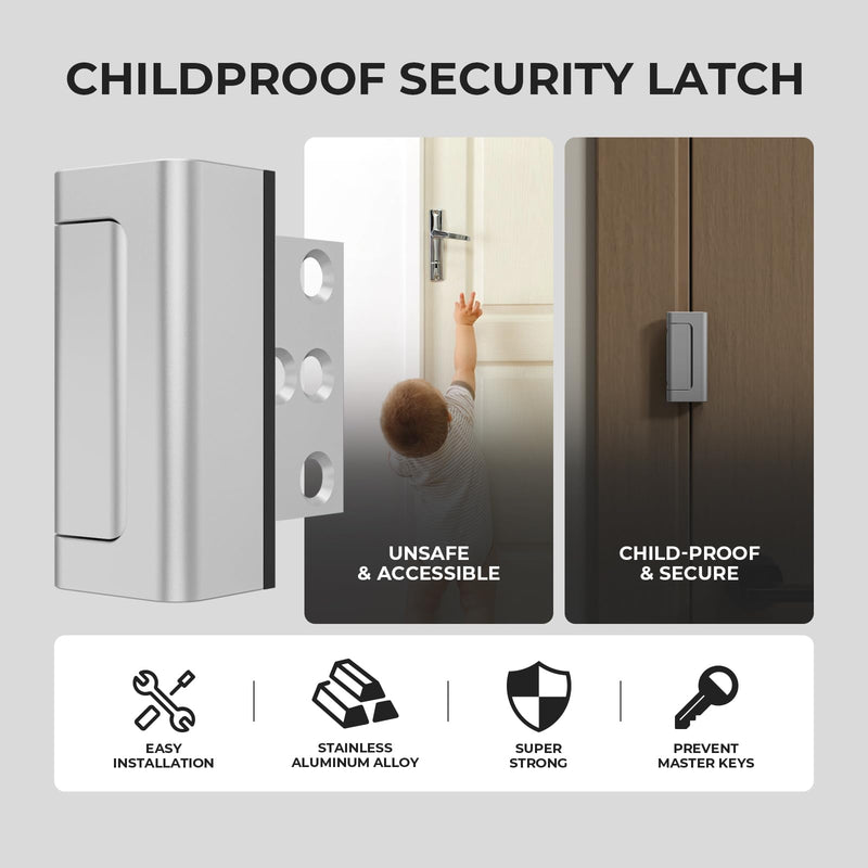 Greatalent 5Pack Home Security Door Reinforcement Lock Childproof, Door Locks for Kids Safety, Door Lock Latch Stopper for Front Door Inside Top of Door, Aluminum Construction Finish Aluminum-Silver-5Pack