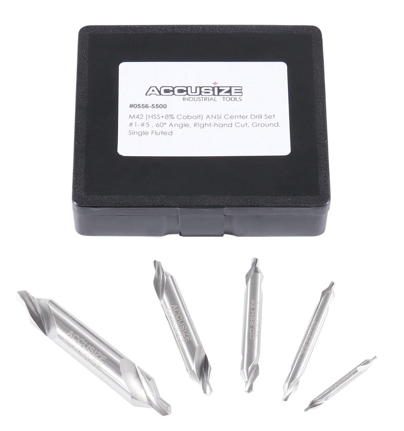 Accusize Industrial Tools 5pc ANSI M42 (H.S.S. + 8% Cobalt) Center Drill Set, 0556-5500 | ANSI M42 (HSS + 8% Cobalt), Plain Style, 60° Included Angle, Right Hand, Single Fluted, Plastic Case M42 8% Cobalt