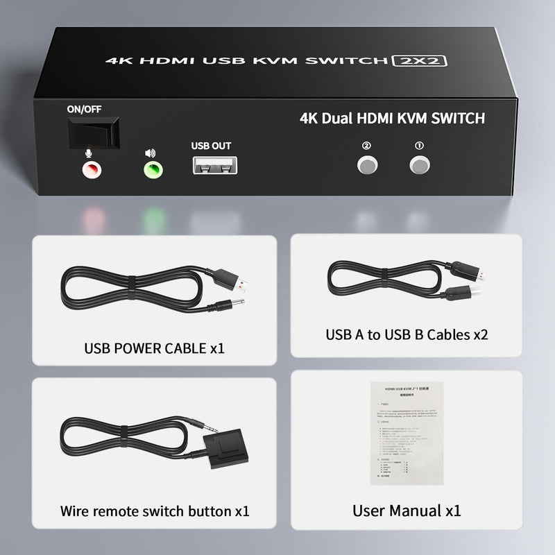 BolAAzuL 2-Port HDMI USB KVM Switch 4K@60Hz, Dual-Port USB 2.0 HDMI 2.0 KVM Switcher 2X2, Keyboard Mouse Peripherals Switcher KVM HDMI USB 2 in 2 Out for 2 PCs 2 Monitors