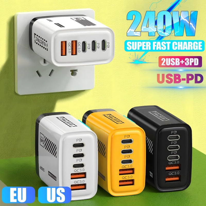 1Pcs Mini 240W Charger with 5 Ports Fast Charging Power Adapter (US,Yellow) | with Lamp Double USB Type-C+3PD 3.0 Smart Fast Charging Plug for IPhone Samsung Universal,Non-Battery US,Yellow