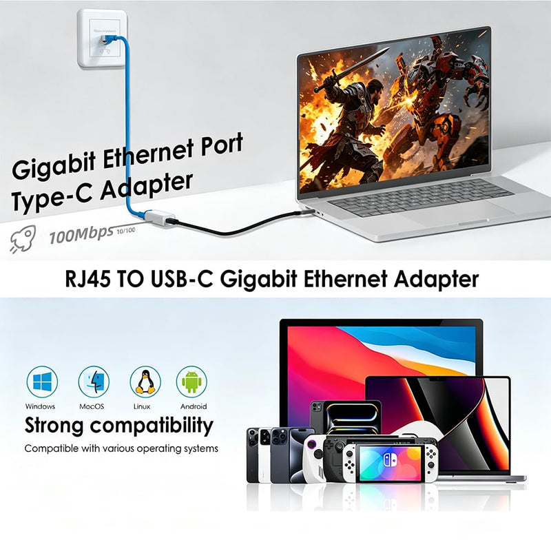 USB C to RJ45 Ethernet Adapter, Gigabit 100Mbps Network LAN Converter, USB-C Female to RJ45 Female Wired Ethernet Hub for Laptop PC Tablet, White