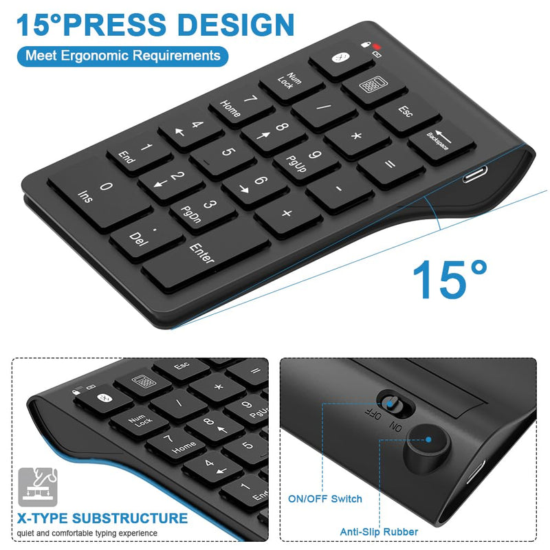 Bluetooth Number Pad Wireless & Wired 10 Key USB Keypad Two in One, Rechargeable Numpad for Laptops, Desktop, Computers Accessories Compatible with MacBook iPads ChromeBook EliteBook Notebook etc. Black