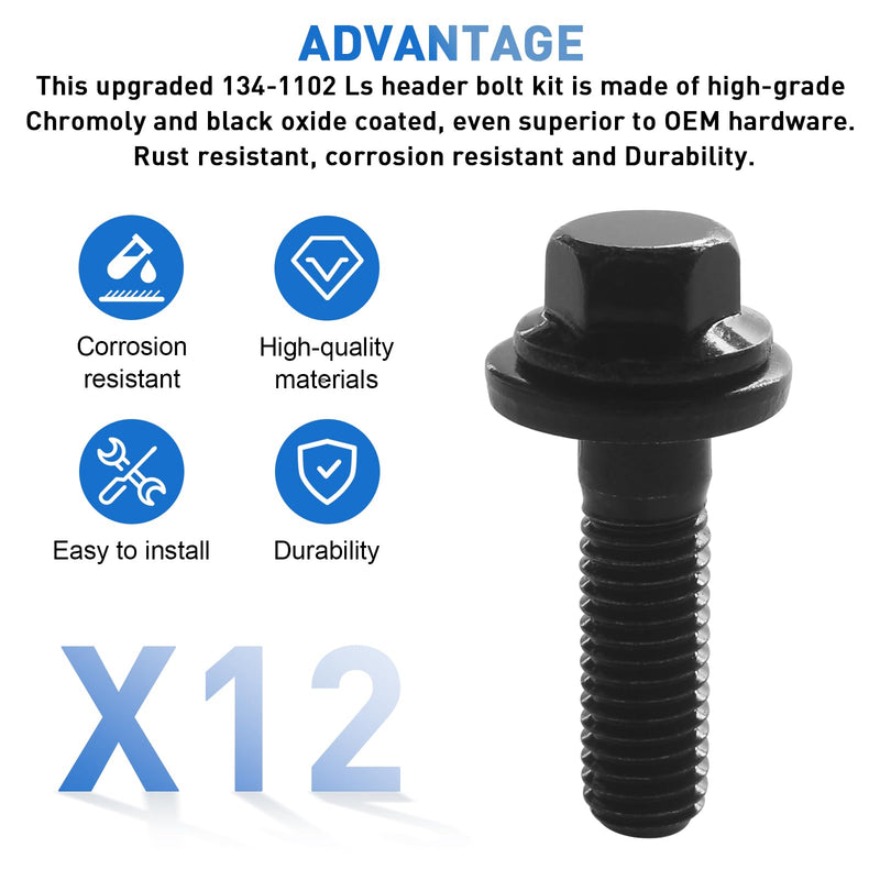 LS Header Bolts 134-1202, for Chevrolet Gen III/LS Series LS1 LS3 LS2 LS6,Also for 4.8L,5.3L,5.7L,6.0L,6.2L,7.0L LS Based Engines