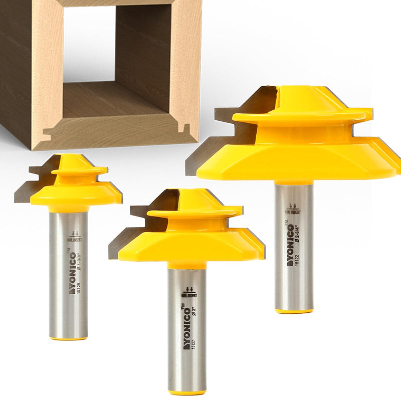 YONICO Lock Miter Router Bit Set 3 Bit 45 Degree 1/2-Inch Shank 15334 3 Bit Set - 1/2" Shank