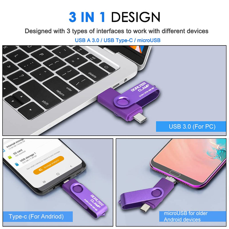 256GB 3 in 1 USB 3.0 Flash Drive Photo Stick for Android Phones, BorlterClamp OTG Memory Stick with 3 USB Ports (USB C, microUSB, USB A) for Samsung Galaxy, LG, Tablets, PC and More, Purple 256GB