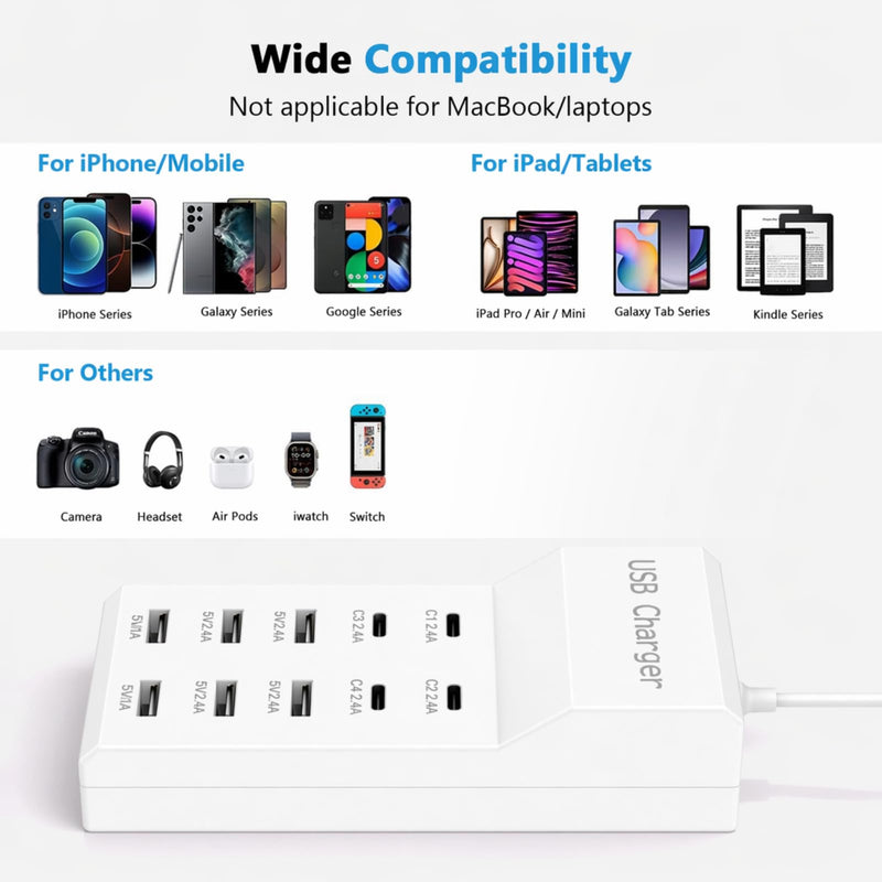 Multiple USB Charging Station for Multiple Devices USB Power Strip | 10 port USB charging block with 4 USB C and 6 USB A charging ports,USB Charging Hub for home office use White