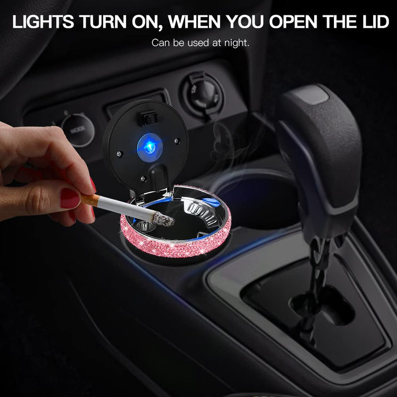 SAVORI Car Ashtray for Women Men, Portable Bling Cigarette Smokeless Cylinder Cup Holder with Blue LED Light Indicator Car Accessories (Pink) Pink