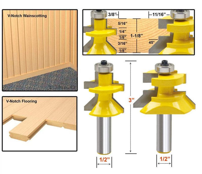 Profession Tongue and Groove V-Notch 1/2" Shank Router Bit Set 45 Degree Woodworking Milling Cutter