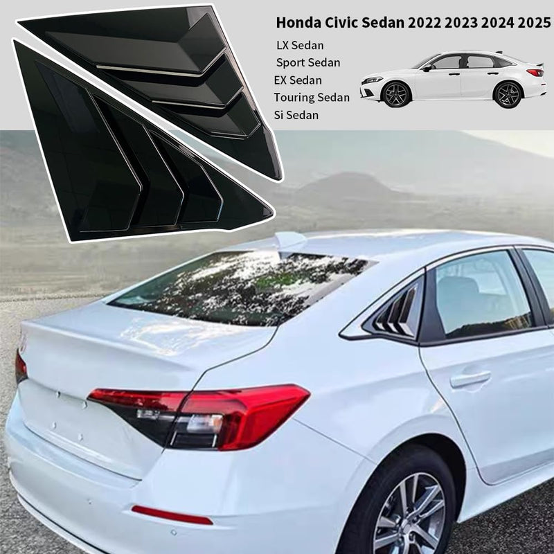 for Honda 11th Gen Civic Sedan 2022 2023 2024 2025 Rear Side Racing Style Window Louver Decorate Cover Rear riangular Air Vent Window Blinds Auto Accessories (Bright Black) Bright Black