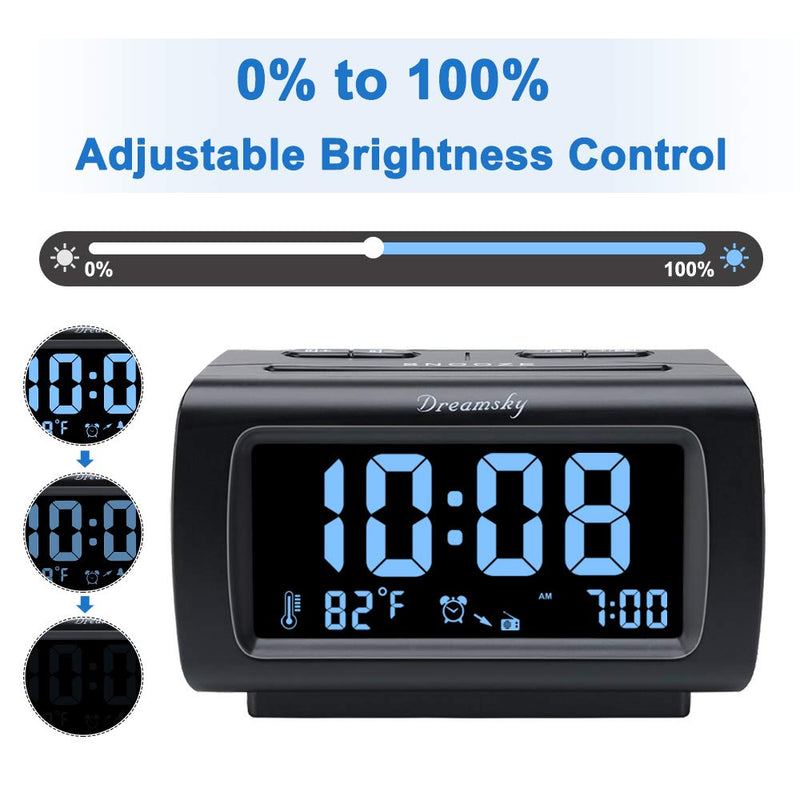 DreamSky Alarm Clock Radios for Bedrooms with Battery Backup, Large Big Numbers with Dimmer Wheel, USB Port, Bedside Digital FM Radio with Sleep Timer, Temperature, Adjustable Volume, Snooze Black