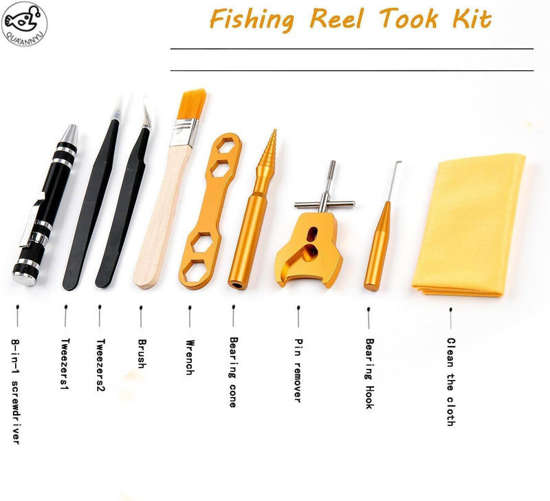 QUA'ANNYU Fishing Reel Maintenance Kit, Professional Fishing Reel Care & Repair Tool Set with 24/30/38-in-1 Screwdriver Set Gold+Manual Screwdriver