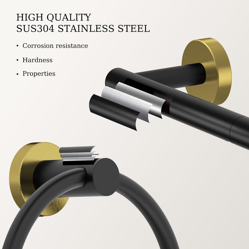 Black and Gold Toilet Paper Holder & Towel Holder, Bathroom Hardware Set-SUS304 Stainless Steel Double Post Pivoting Tissue Roll Holder and Hand Towel Ring Set for Bathroom, RV Black Gold