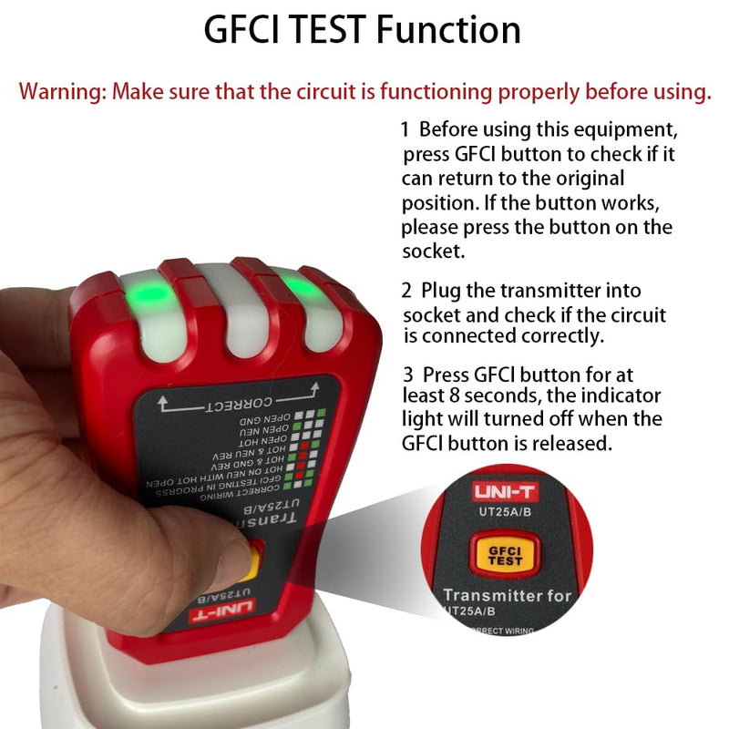 UNI-T UT25A Digital AC Circuit Breaker Finder and Tracker Kit with Electrical Integrated GFCI Outlet Socket Tester, Working on AC 90-120V, Adjustable Sensitivity Buzzer Indication, Flashing LEDs UT25A For AC 90-120V