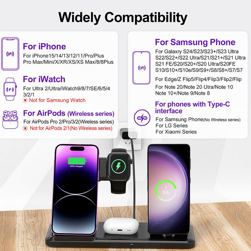Wireless Charger for Dual iPhones, 4 in 1 Foldable Fast Charging Station for iPhone17/16/15/14/13/12 Pro Max Plus,for samsang Devices,Charging Stand for Apple Watch 11/10/9/8/2-7 AirPods Black