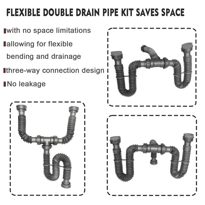Flexible Expandable Double P-Trap Kit for 1 1/2" or 1 1/4" Double Bowl Sink Drain, Tube Pipes Kit Fit for Kitchen, Bathroom, Complete with Sealing Ring, Tape, and Tubing
