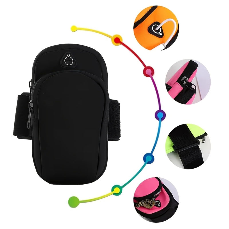 Sweatproof Running Armband, Universal Phone Arm Band with Dual Pockets, Adjustable Workout Phone Holder for Gym, Hiking, Exercise