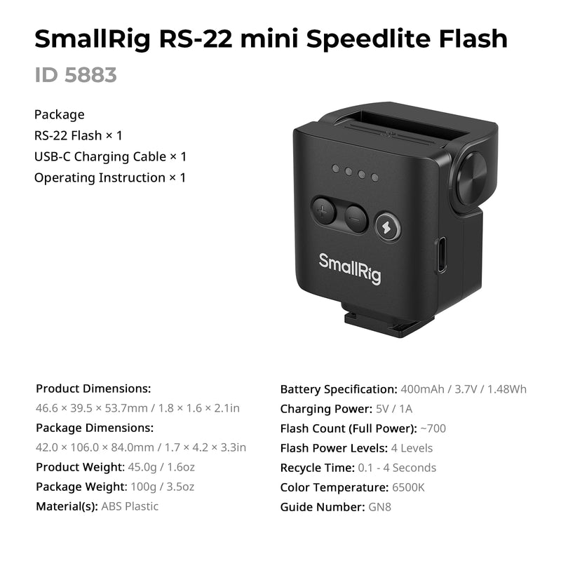 SmallRig RS-22 Mini Camera Flash for Sony for Nikon for Canon for Fuji DSLR | GN8 Manual Flash, 85° Adjustable, 4 Levels 1/1-1/8, 700 Full Power Flashes, 0.1-4s Recycle/6500K/400mAh Battery - 5883