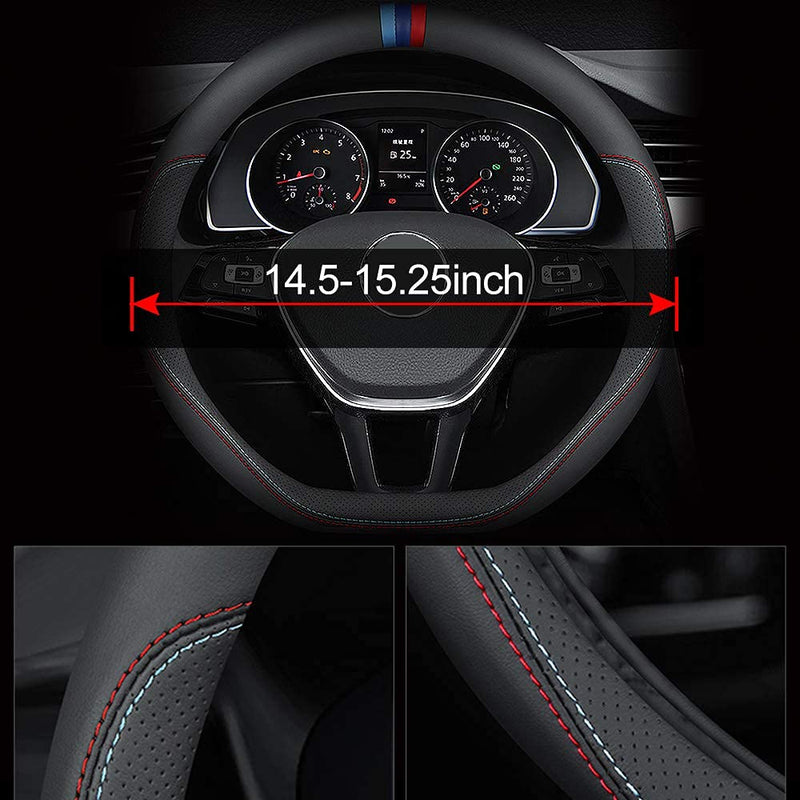 Carodi Latest Nappa Leather car Steering Wheel Cover, Stylish Non-Slip Leather car Interior 15 inches Universal (D-Shape,Black) D-Shape,Black (red and blue lines)