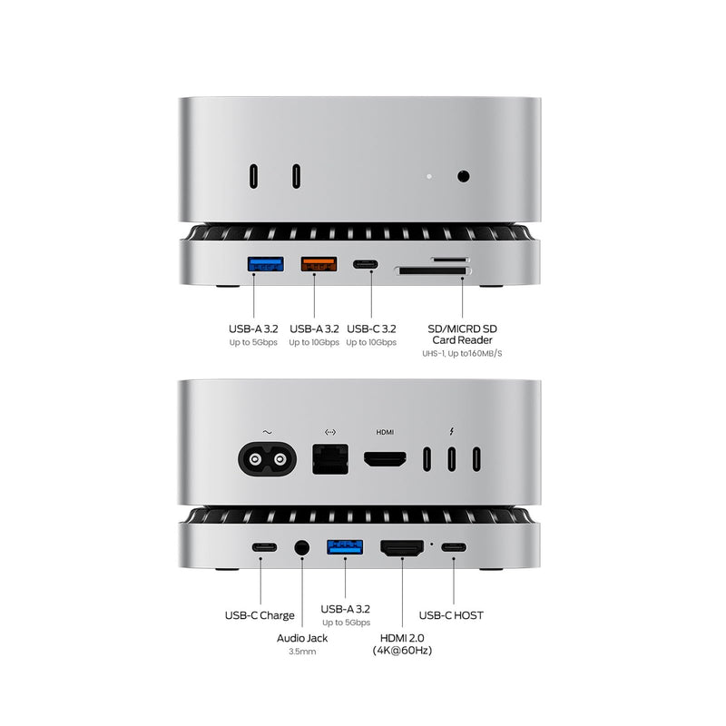 Mac mini M4 Dock, Aluminum Mac mini Stand and HDMI Hub for Mac mini M4 and M4 Pro 2024 with M.2 NVMe/SATA SSD Enclosure, 4K60Hz HDMI,10G USB A/C, 5G USB A*2, USB-C Charge, SD/TF, Audio