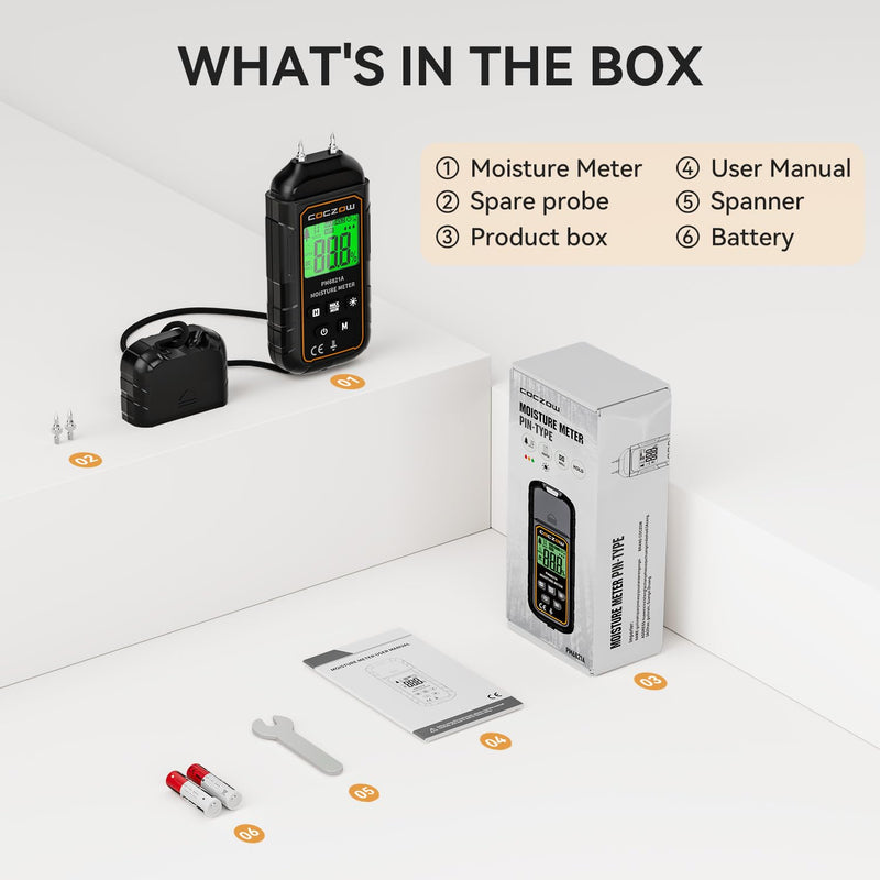 Moisture meter, moisture meter with battery and LCD display, suitable for quickly determining the moisture content of raw wood, paper, plywood, plaster walls, wooden floors, etc.