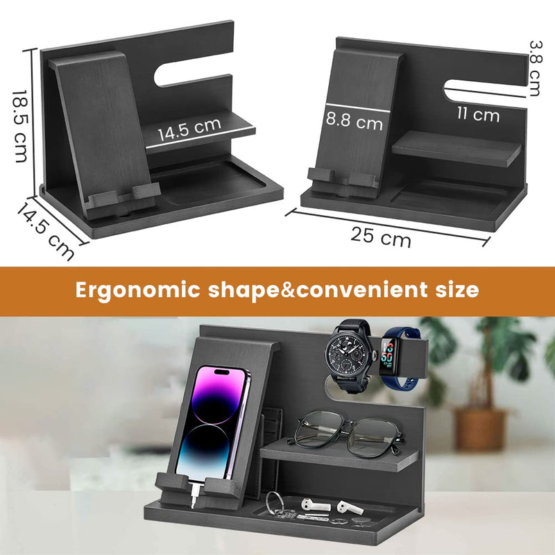 Wood Phone Docking Station - Gifts for Men Desk or Nightstand Organizer - Birthday Gifts for Husband, Fathers Day for Dad - Anniversary Idea from Wife - Key Holder, Stand Wallet, Watch & Essentials lassic stand - Black