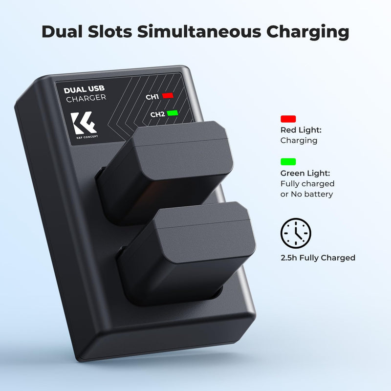 K&F Concept NP-FW50 Battery Charger Set, 2-Pack 1100mAh Replacement Battery | Compatible with Sony ZV-E10 A6000 A6500 A6400 A6300 A7 A7II A7RII A7SII A7S A7R RX10 Camera, Micro US B& USB-C 2-Slot Charger