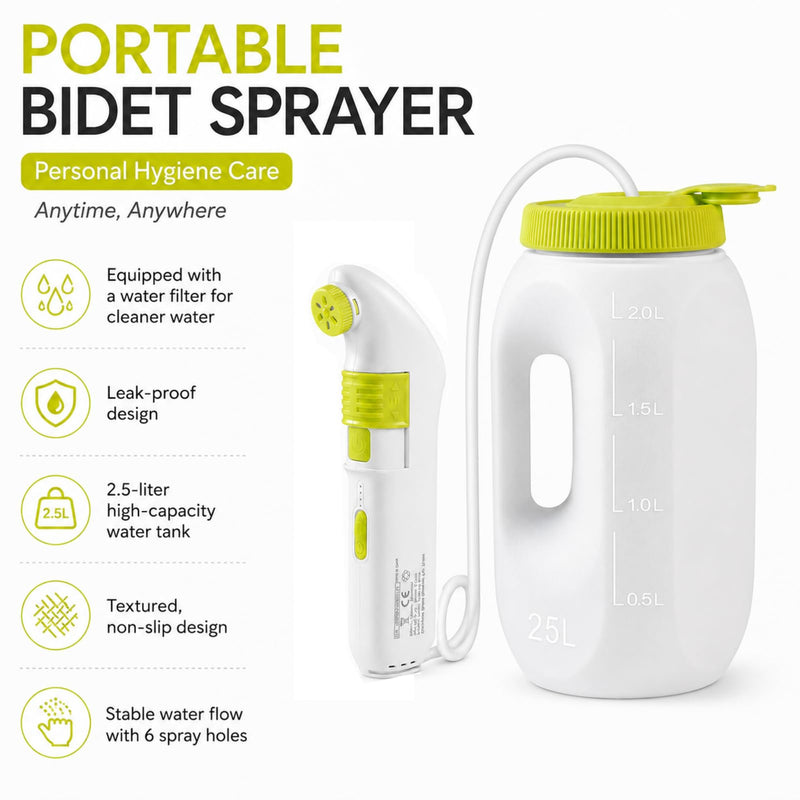 Portable Bidet for Travel – Electric High Pressure Rechargeable Bidet for Women & Men, 2.5L Bottle, 1600mAh Battery, 1300ML/min Strong Flow, Waterproof Personal Hygiene Sprayer for Travel & Home