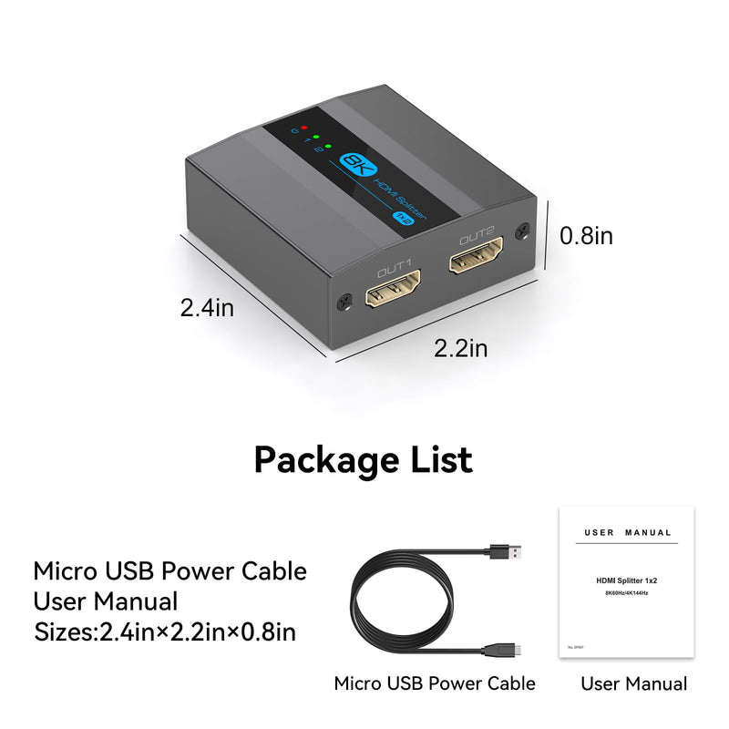8K HDMI Splitter 1 in 2 Out 4k 120Hz HDMI 2.1 Splitter for Dual Monitors Support EDID Management HDCP 2.3 HDR 10 for Laptops PCs TV Boxes DVD Players PS5/PS4/PS3 black